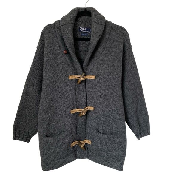 VTG Polo Ralph Lauren Cardigan Sweater S Gray 100% Wool Toggle Shawl Grandpa - Picture 1 of 14
